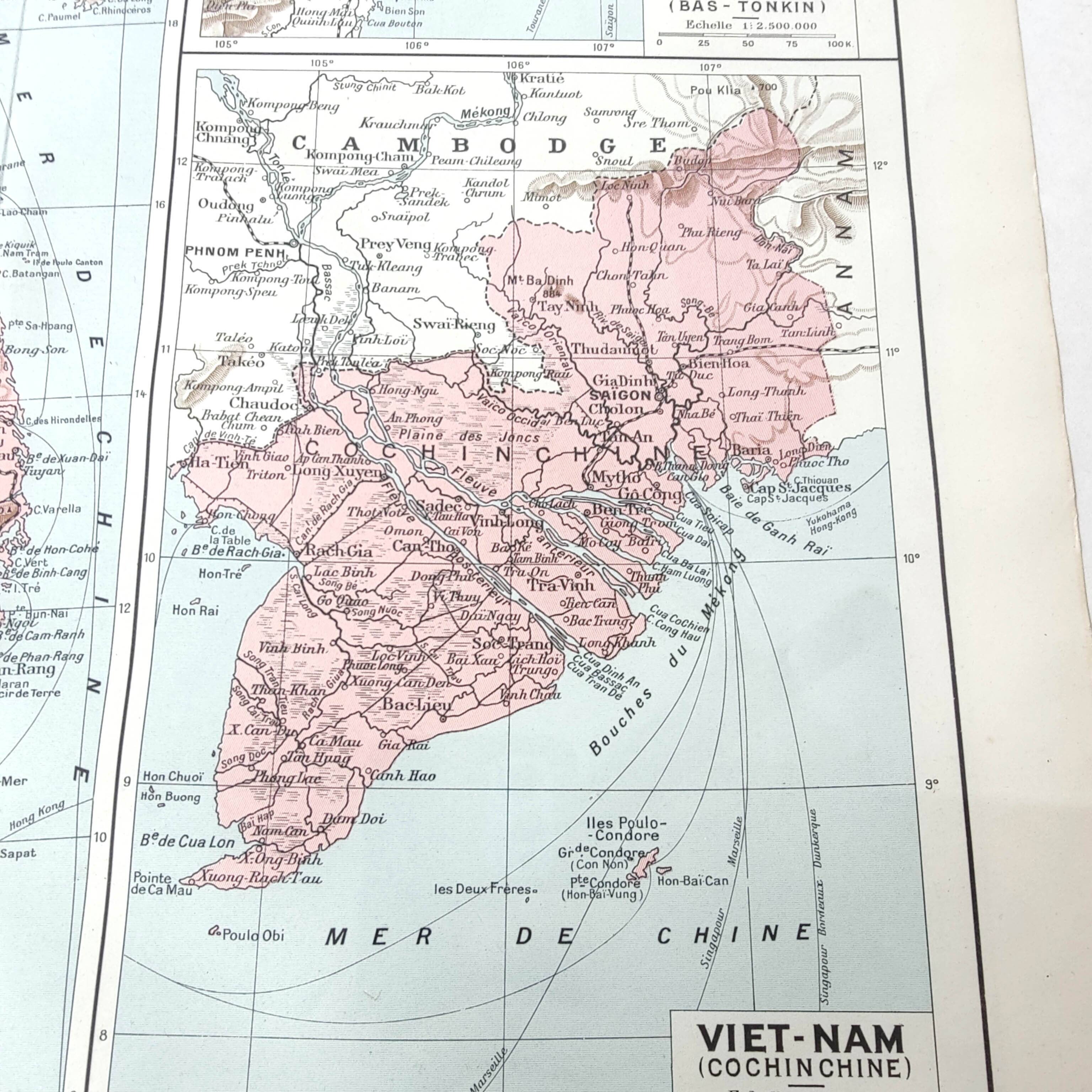 Old map Vietnam Laos Cambodia Asia 43x43cm from 1950