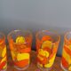 Verres vintage décorated with orange and yellow lemon fruits, Italy.