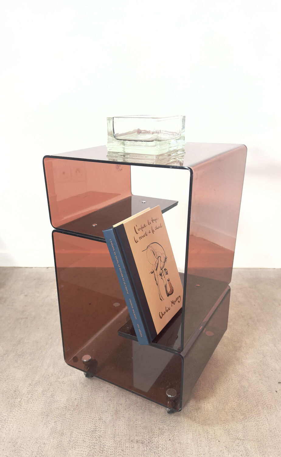 Smoked Plexiglas bedside table / end table