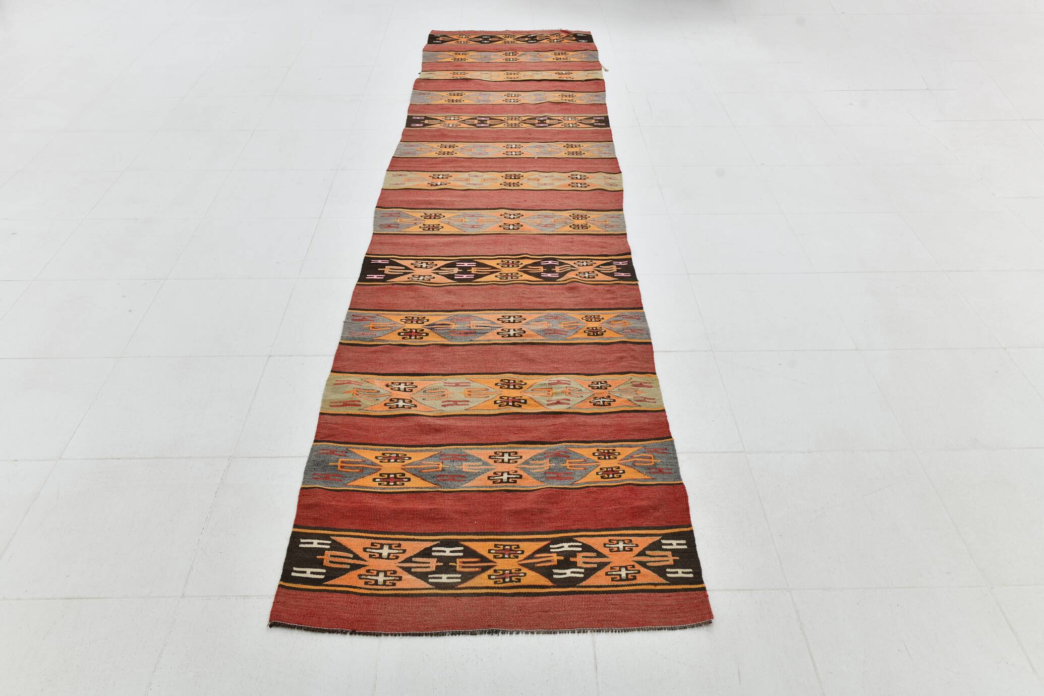 Tapis de couloir bohème 88 x 383 cm, tapis kilim turc, décoration rustique de ferme