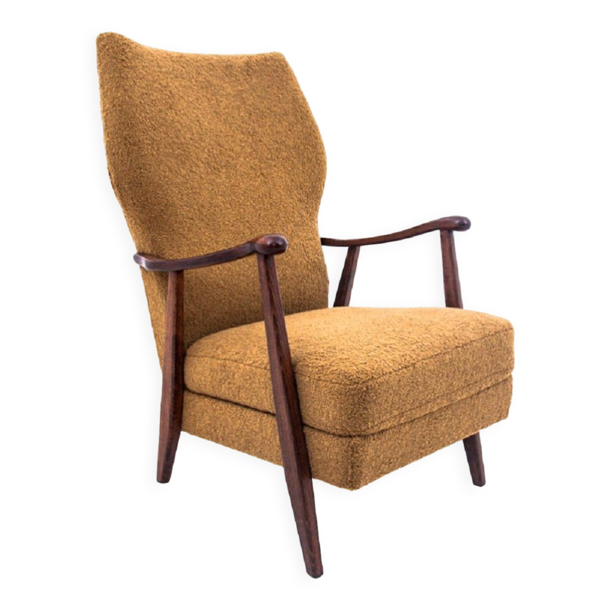 Yellow vintage armchair in bouclé fabric, Denmark, 1960s. After restoration.