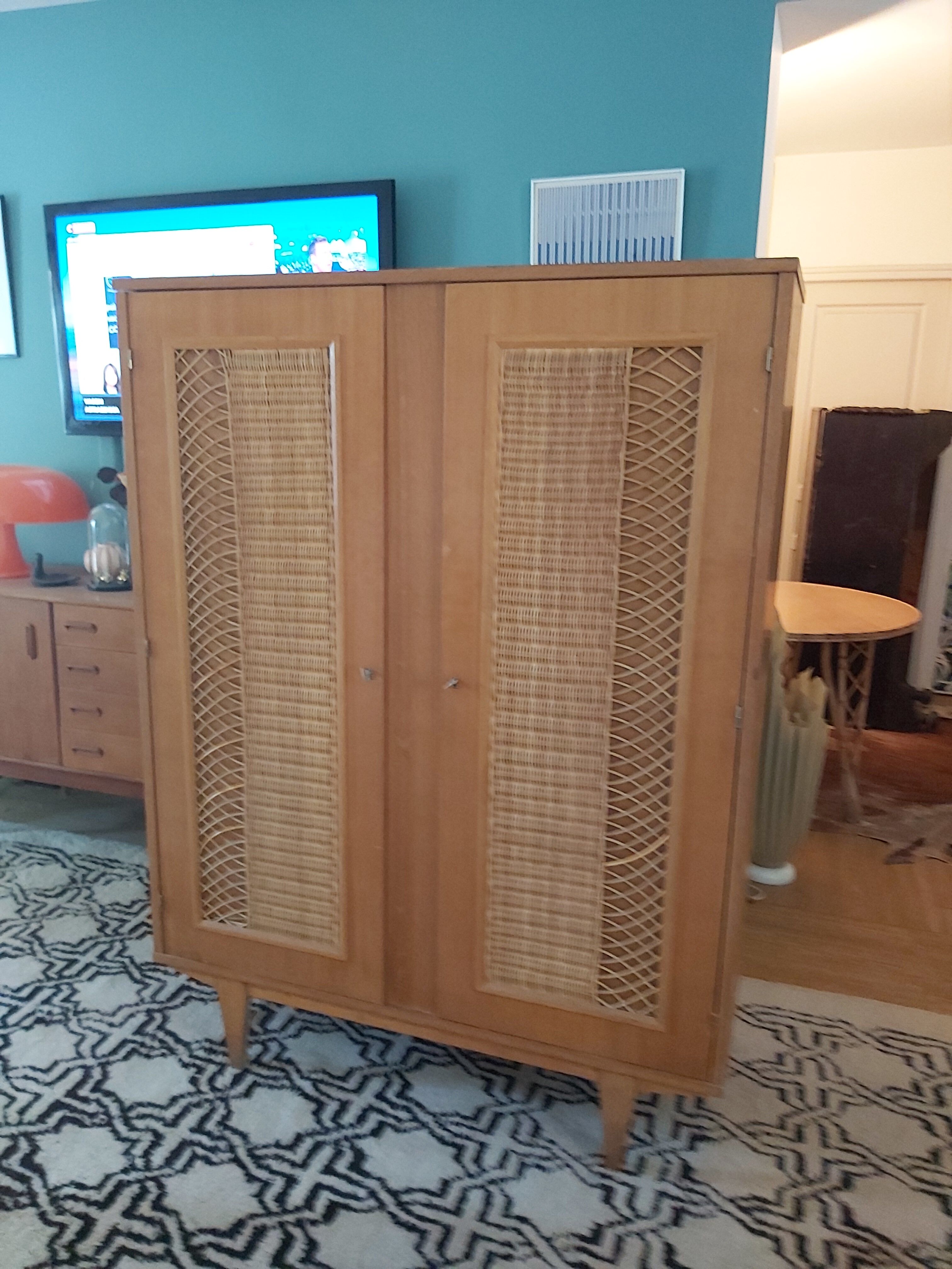 Vintage wooden and rattan cabinet
