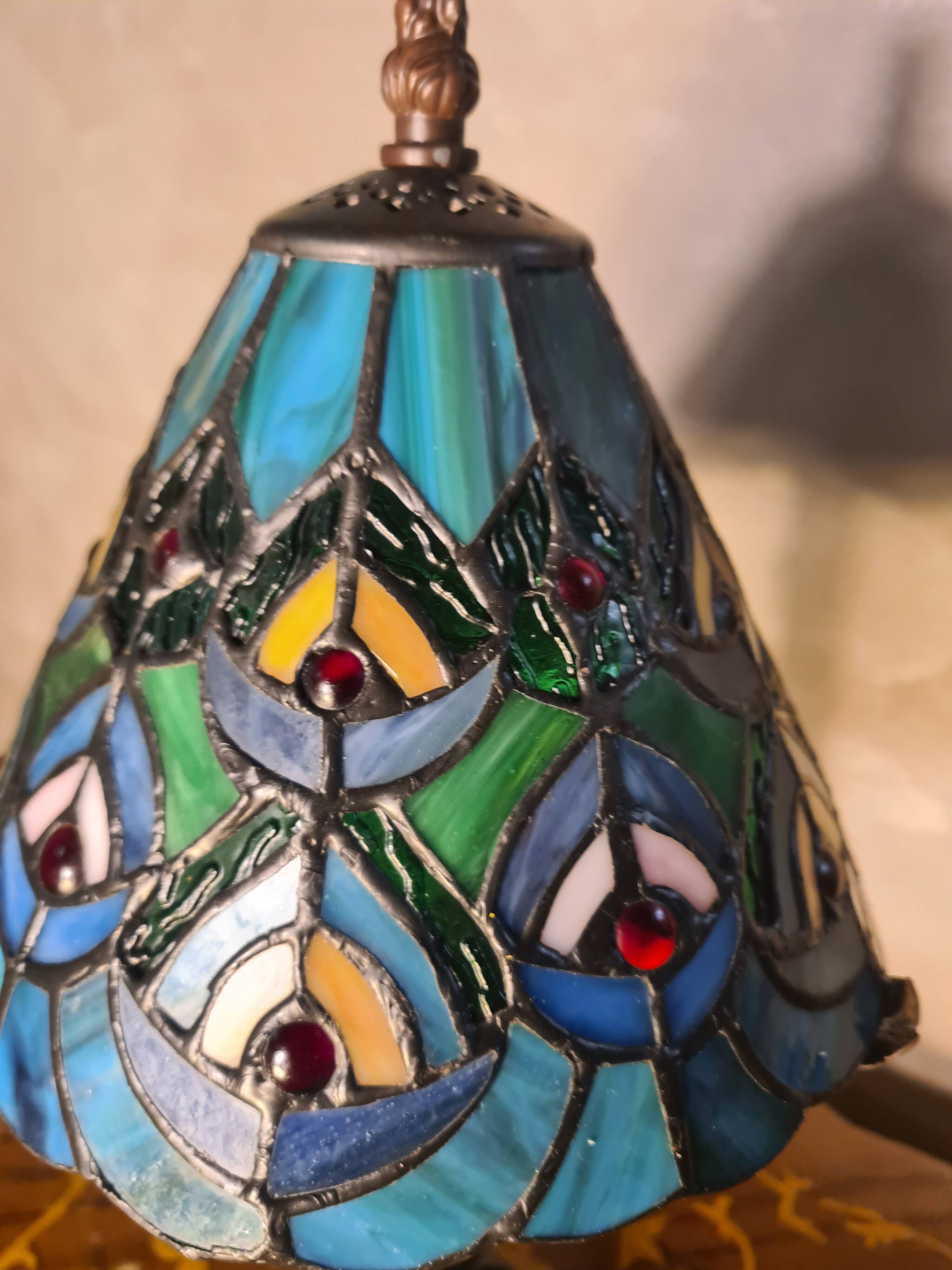 antique wrought iron floor lamp, 1900 to 1940 with stained glass lampshade