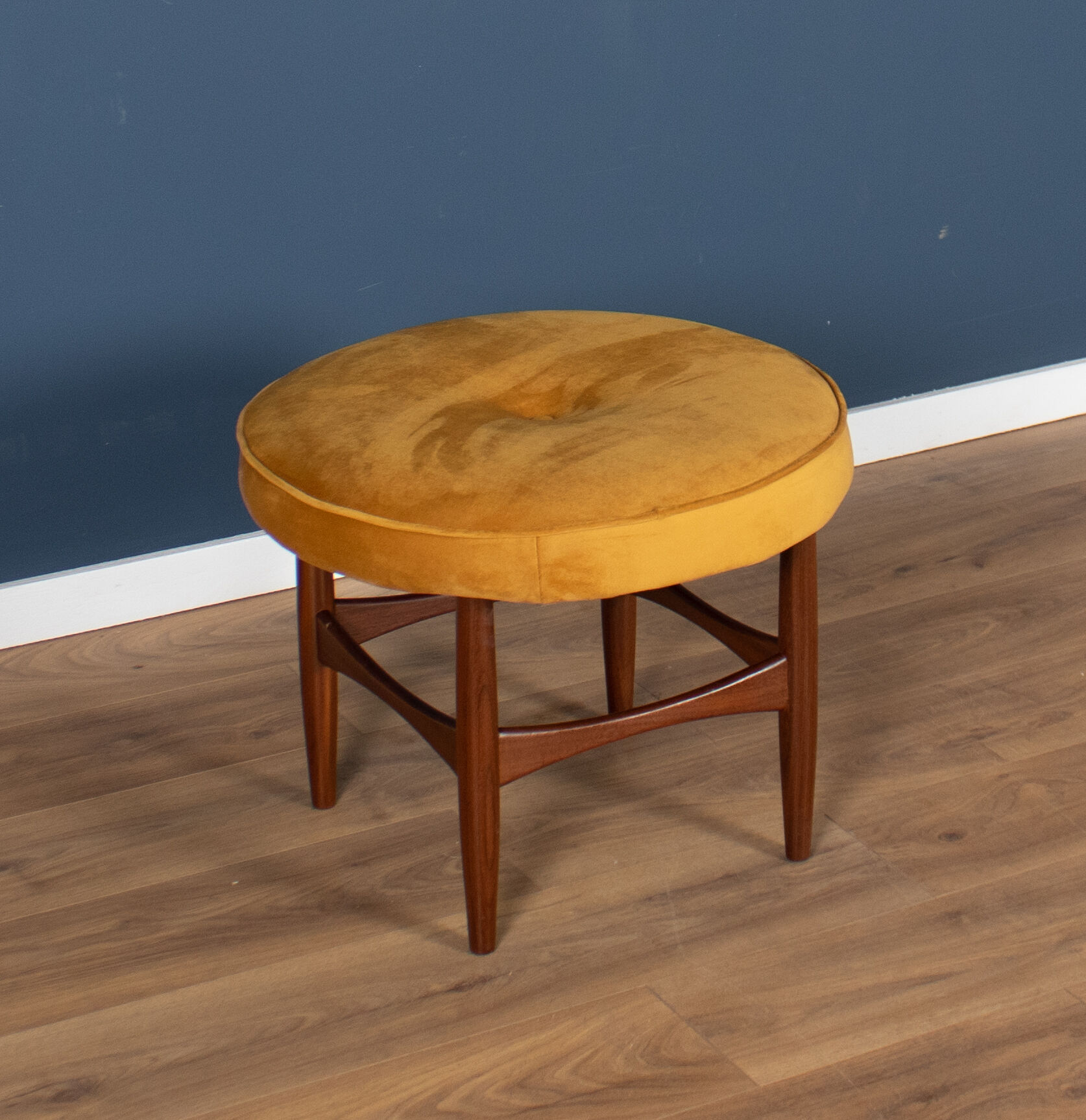 Retro teak 1960s kofod larsen upholstered mustard stool