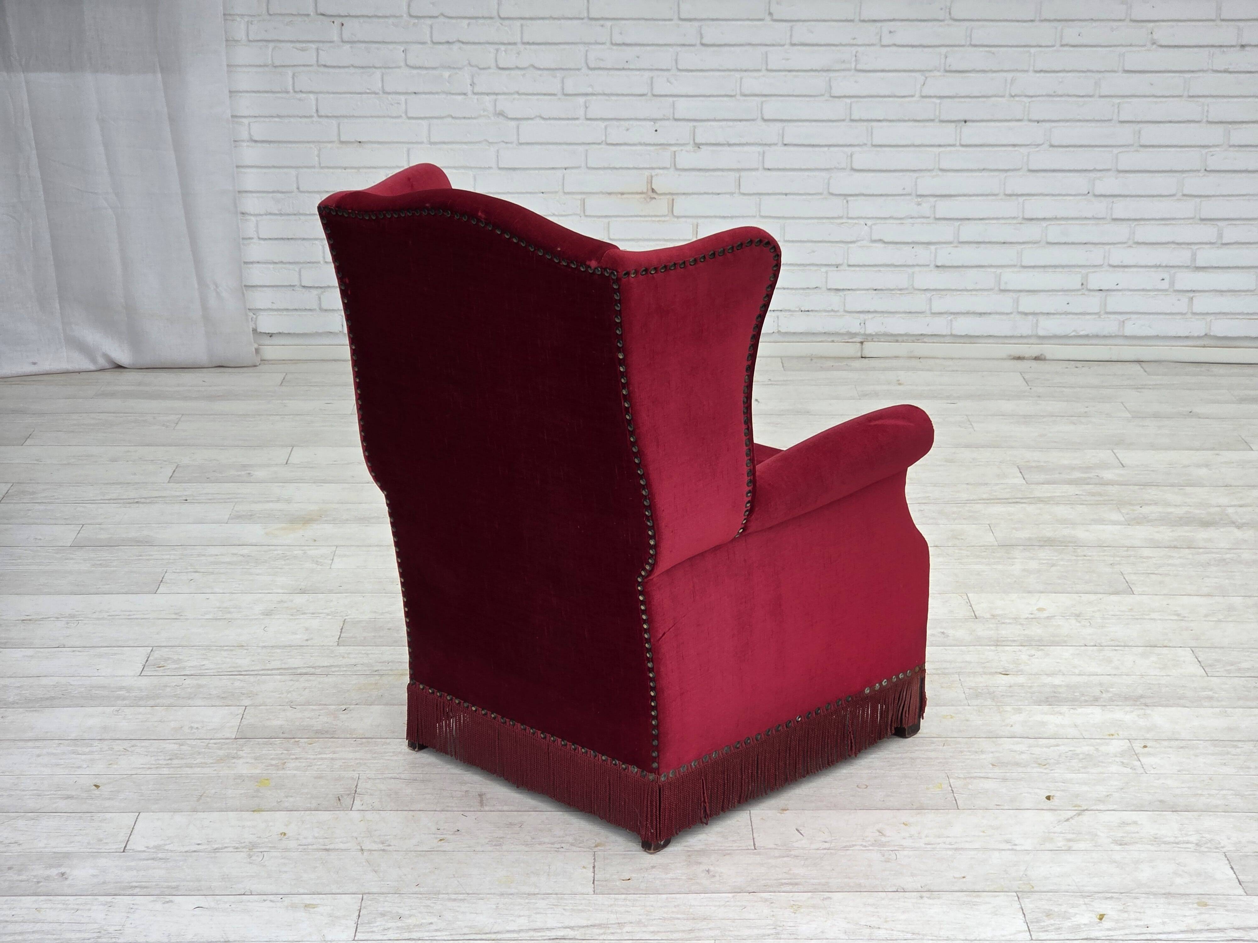 1970s, Danish highback armchair, red furniture velour, ash wood.