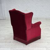 1970s, Danish highback armchair, red furniture velour, ash wood.