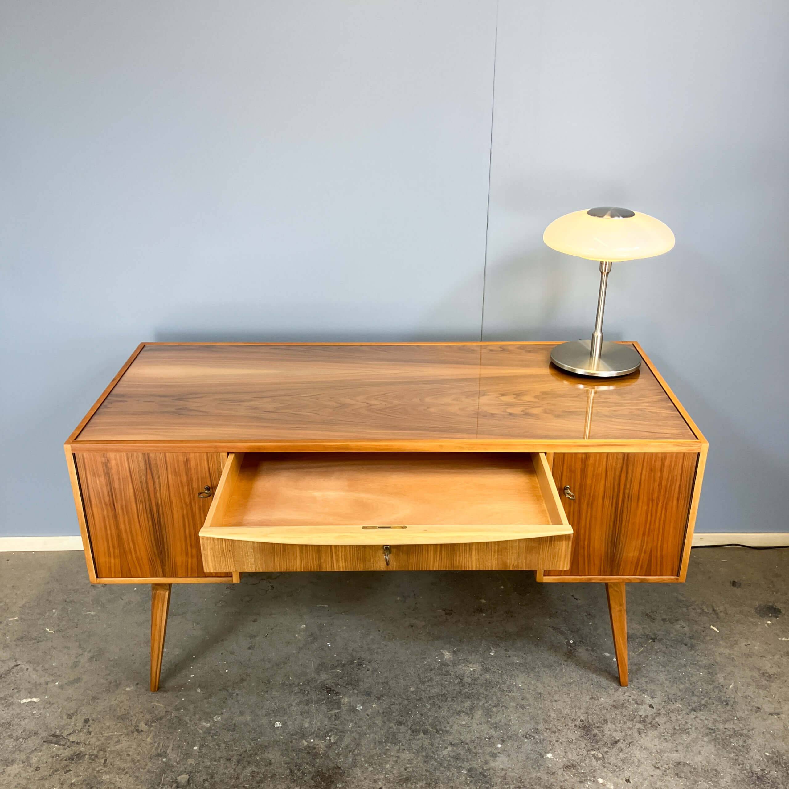 Desk with glass top, walnut, 1950s