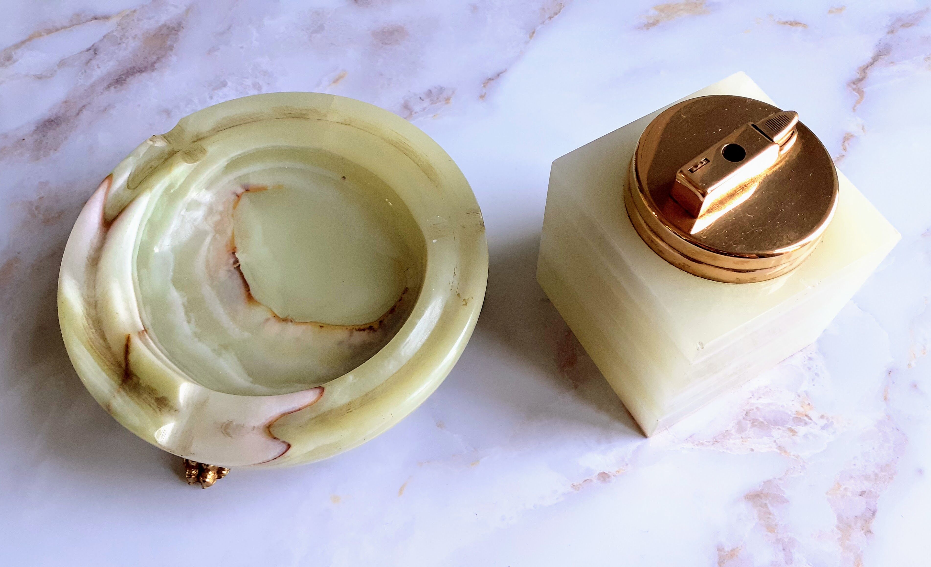 1960-70 onyx ashtray and table lighter set