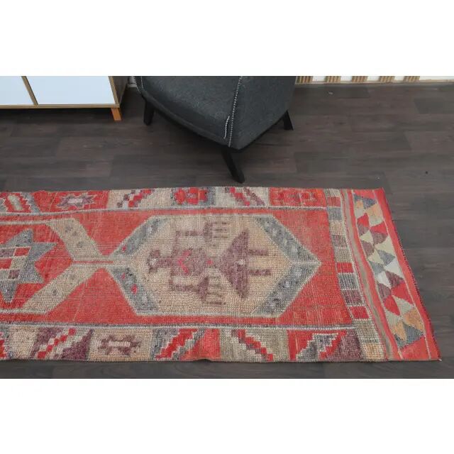 1970s Turkish Oushak Handmade Wool Cotton Red Runner Rug 86x344