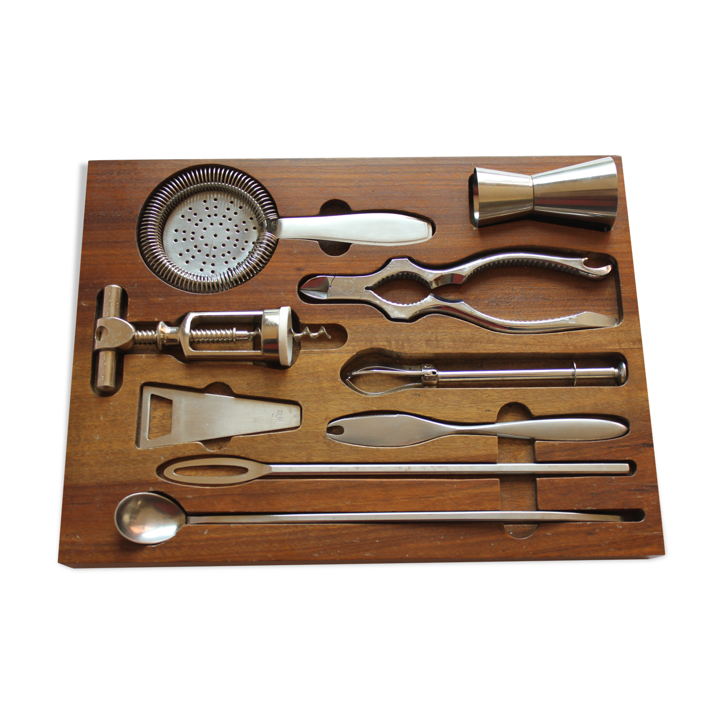 Teak wooden cocktail bar tool set, 1960s.
