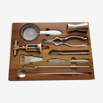 Ensemble d’outils de bar à cocktails en bois de teck, années 1960.