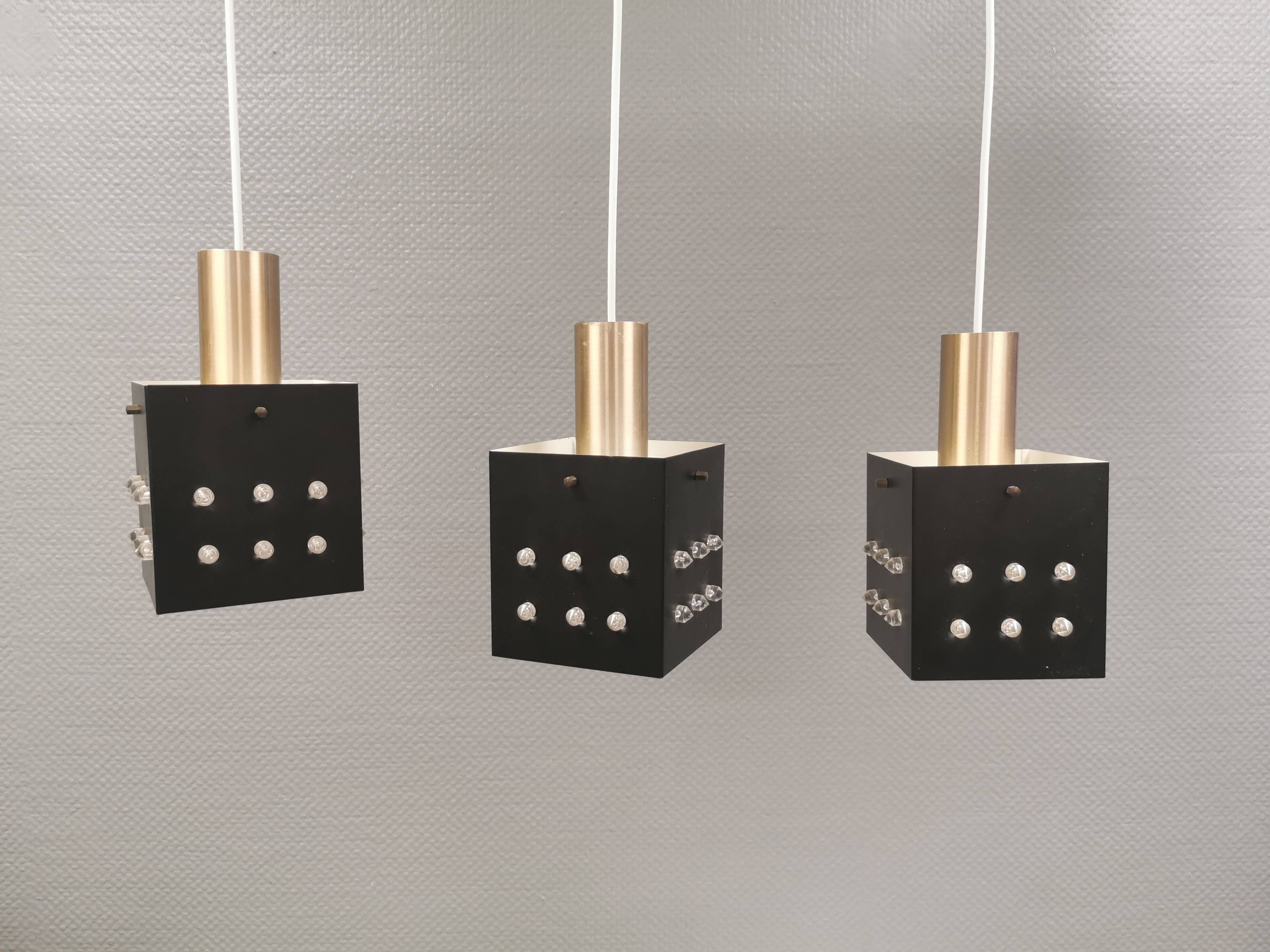 Three older square pendant lamps in Space-Age style, Denmark 1980s