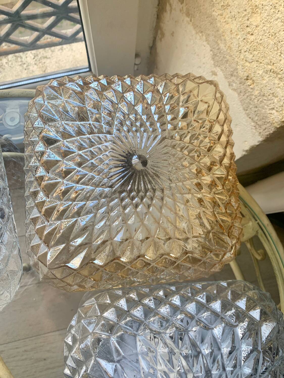 3 vintage chiseled glass ceiling lights 1950-1960