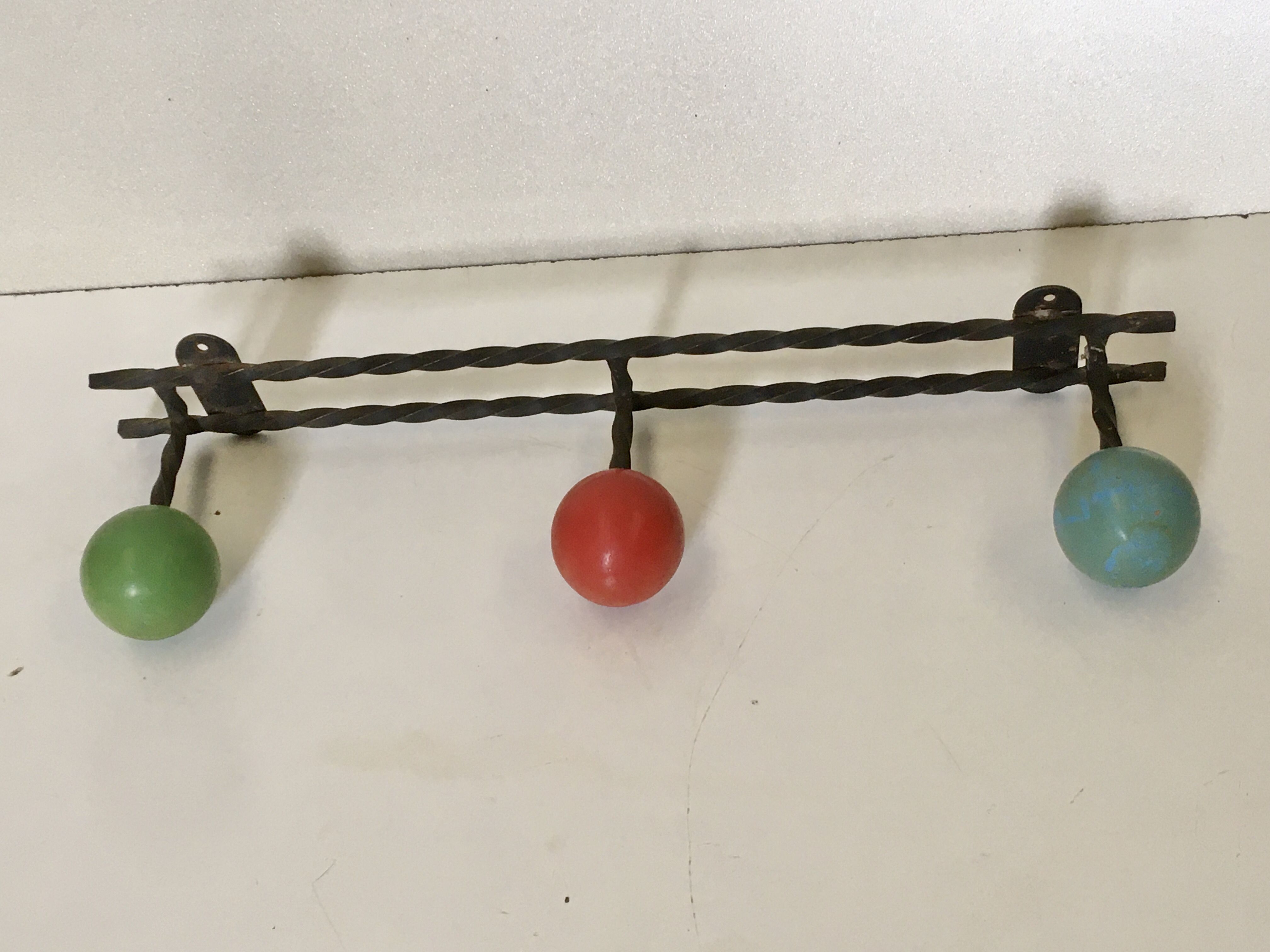 Vintage wrought iron wall coat rack 3 blue, red and green wooden balls hooks