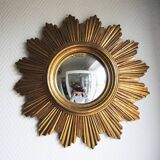 Ancien miroir soleil / sorcière doré à la feuille
