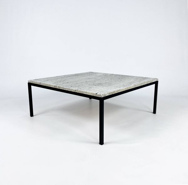 Table basse minimaliste vintage en acier et travertin, 1960s