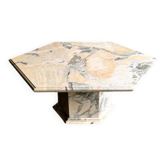Table basse hexagonale vintage en marbre rose et gris, années 1980