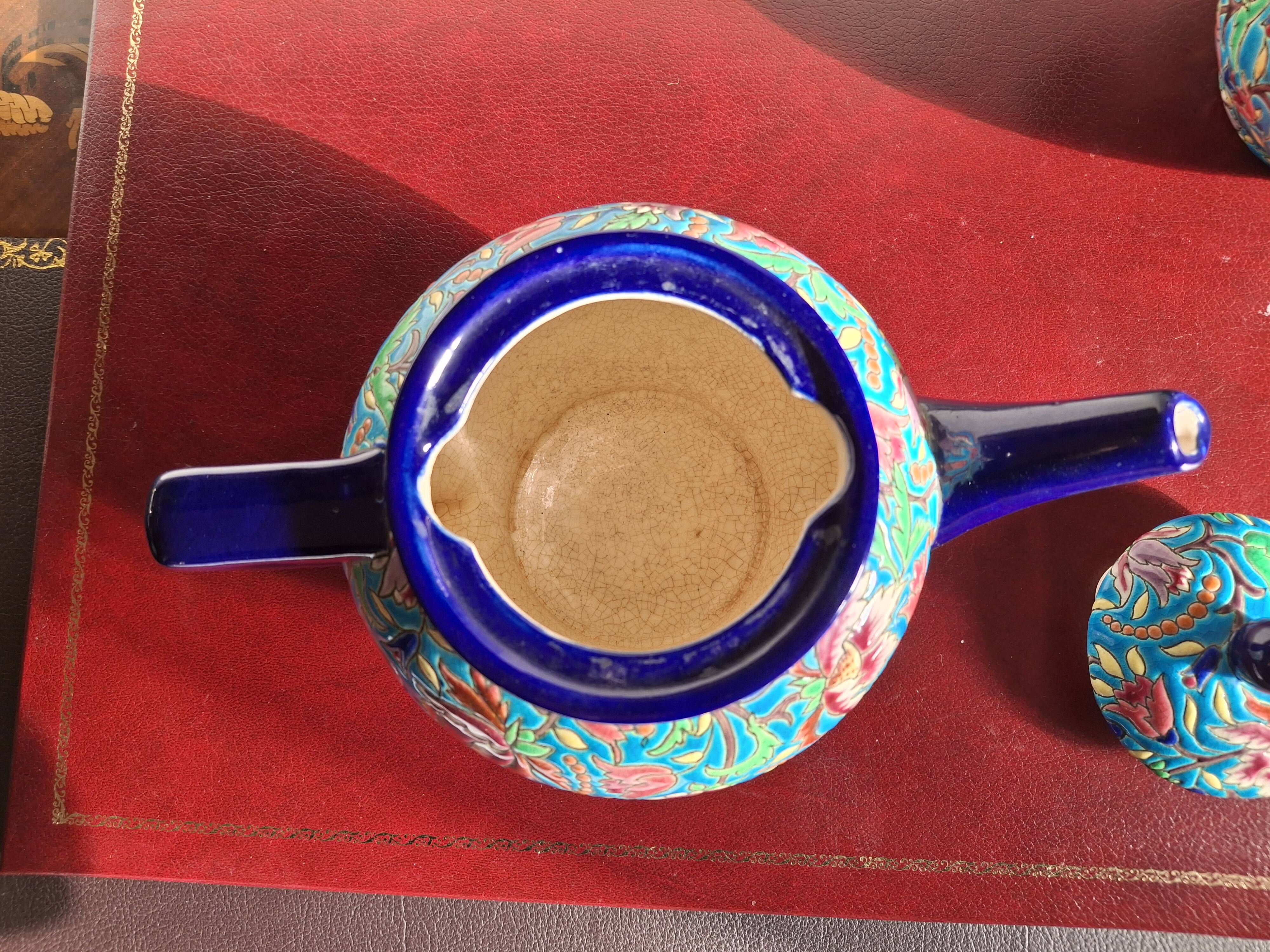 Cloisonné enamel tea service from Longwy in excellent condition.