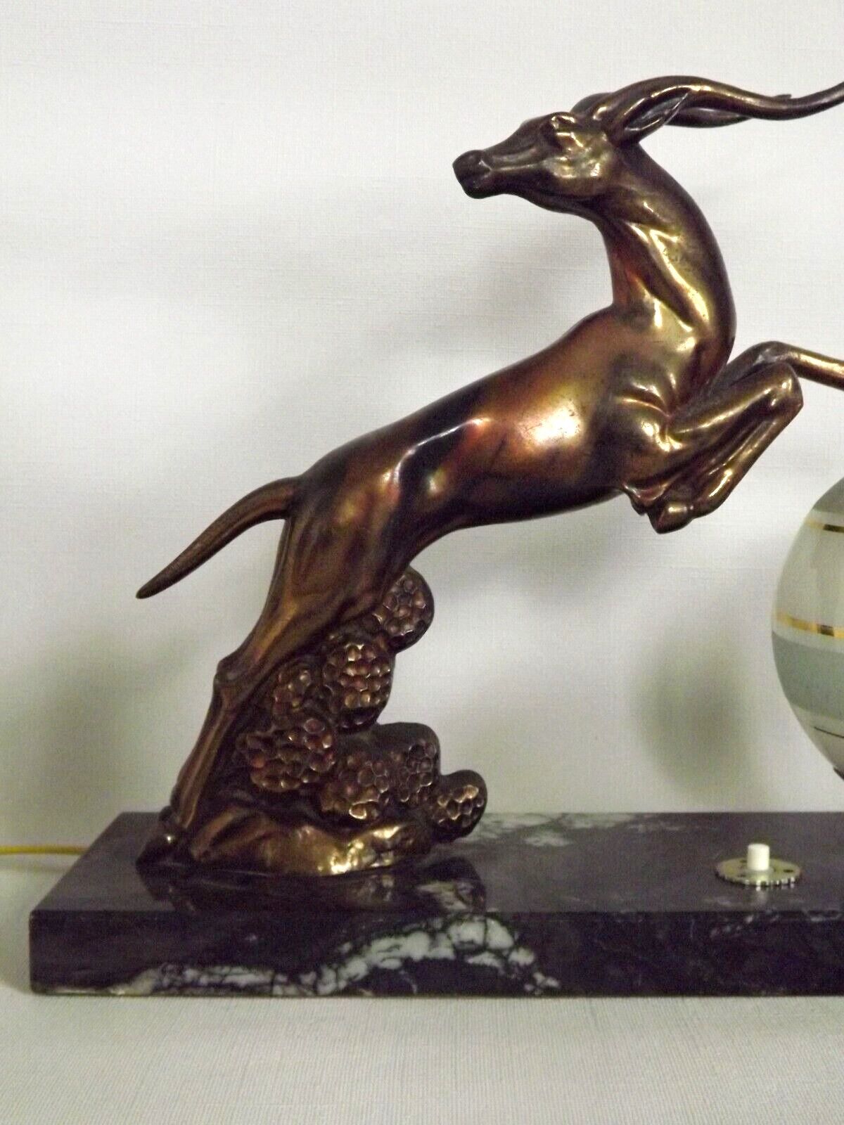 Vintage french art deco gazelle lamp black marble base round glass shade 3956