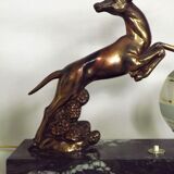 Vintage french art deco gazelle lamp black marble base round glass shade 3956