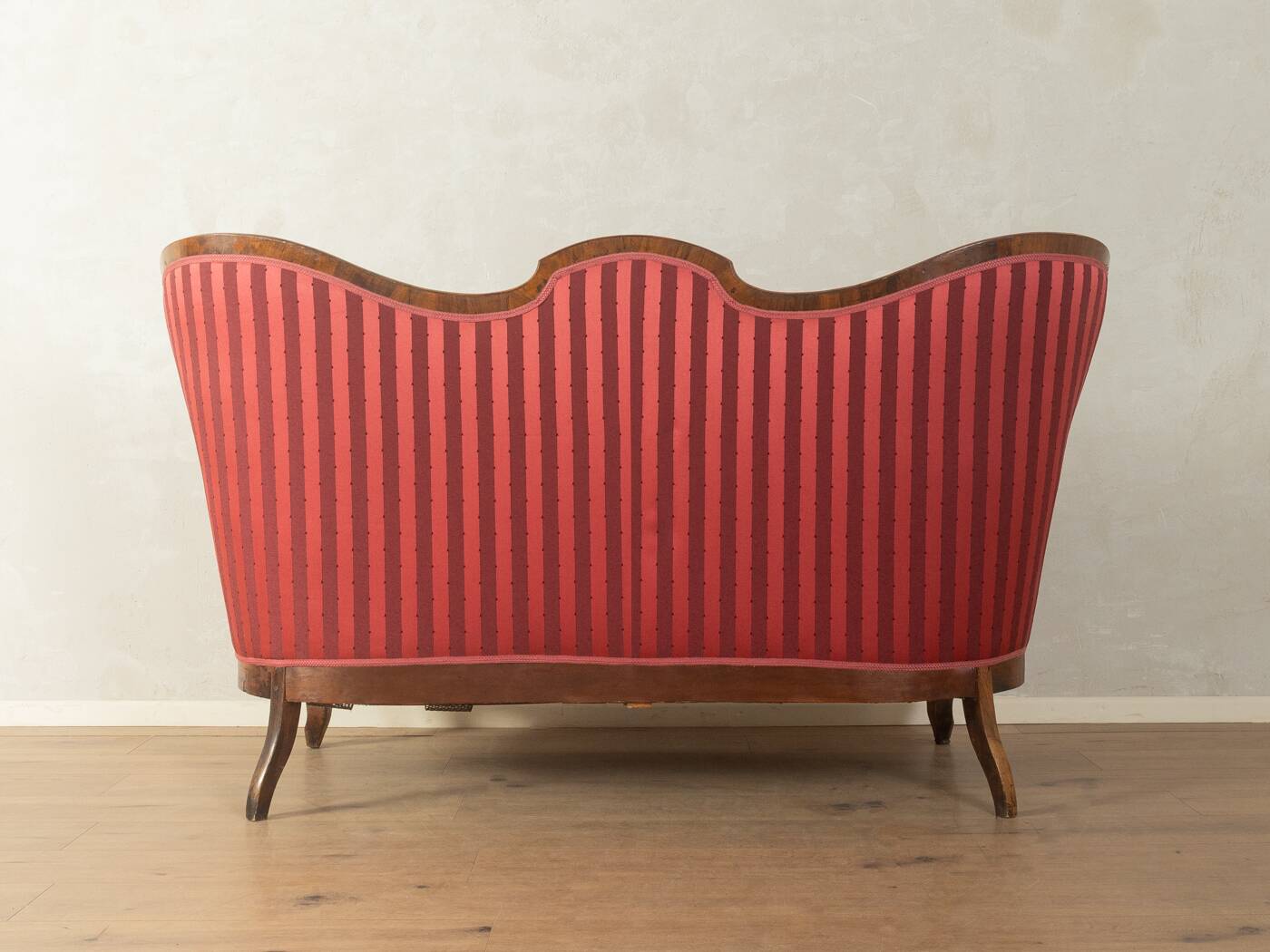 Biedermeier salon bench with raspberry red striped upholstery