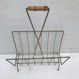 Magazine holder in golden metal and its handle is in bamboo, 1960 vintage
