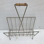 Magazine holder in golden metal and its handle is in bamboo, 1960 vintage