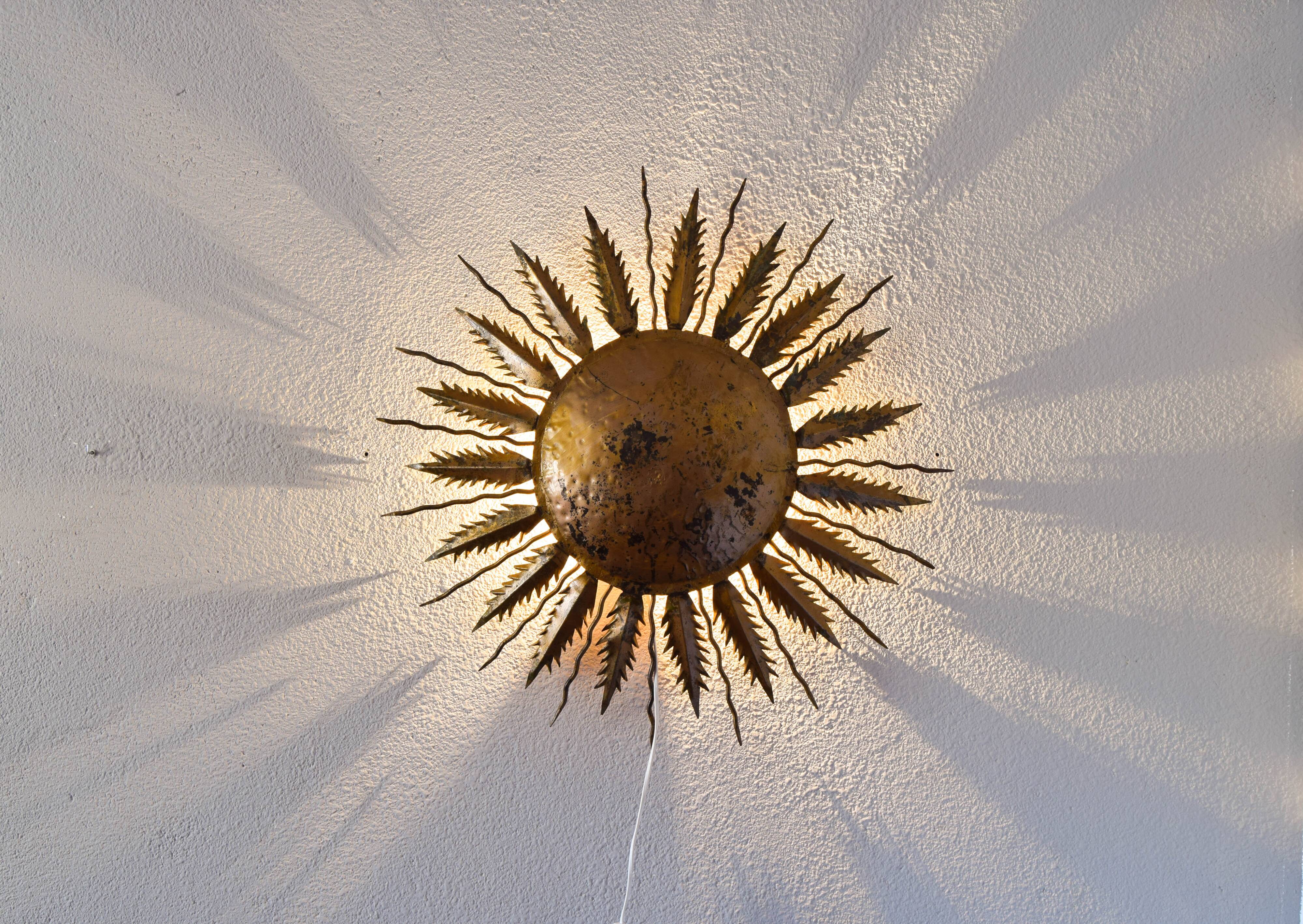Hollywood Regency Old Sun Golden Flush Mount Light Es