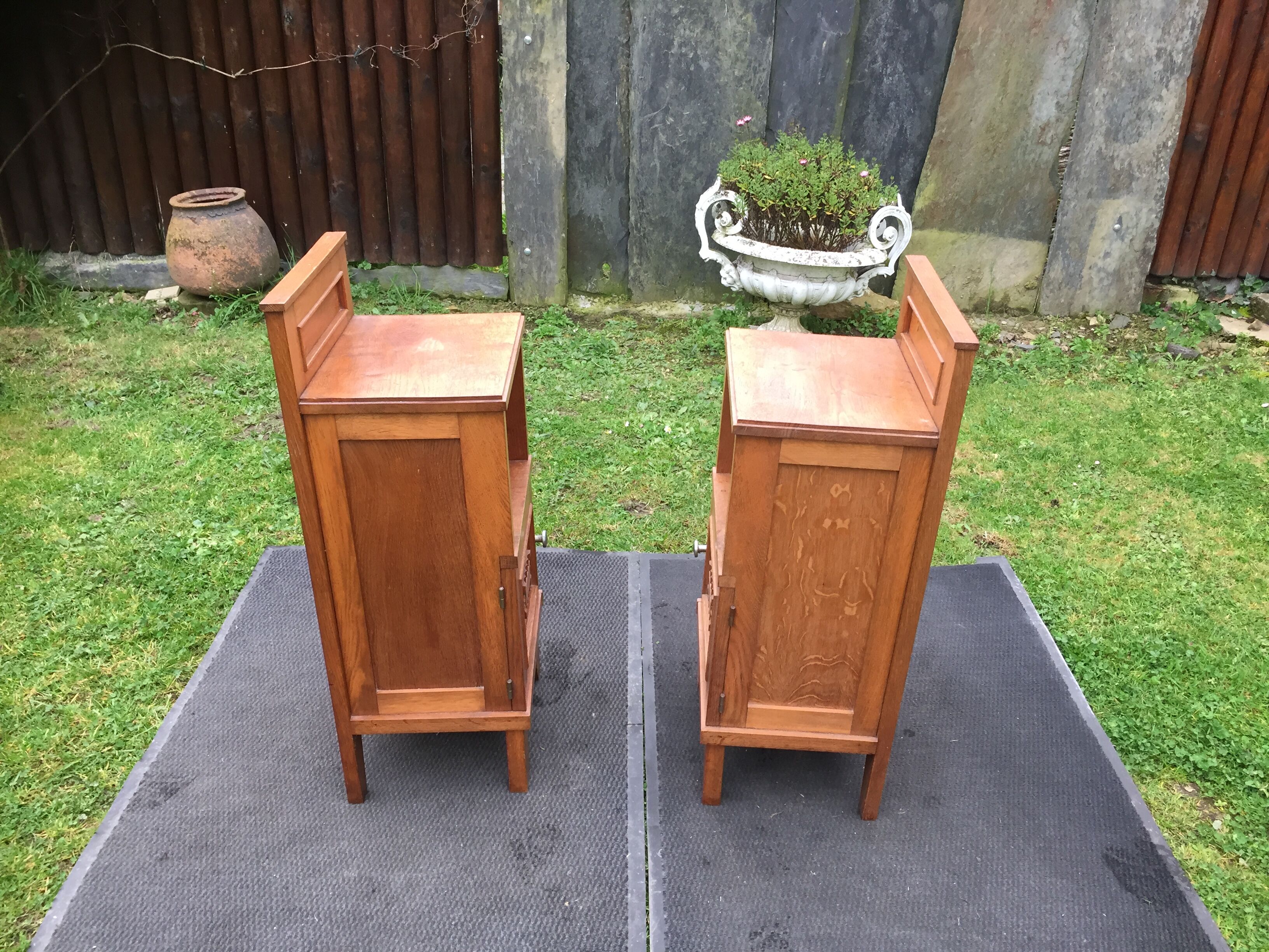 Vintage bedside tables with solid oak compass legs (pair)