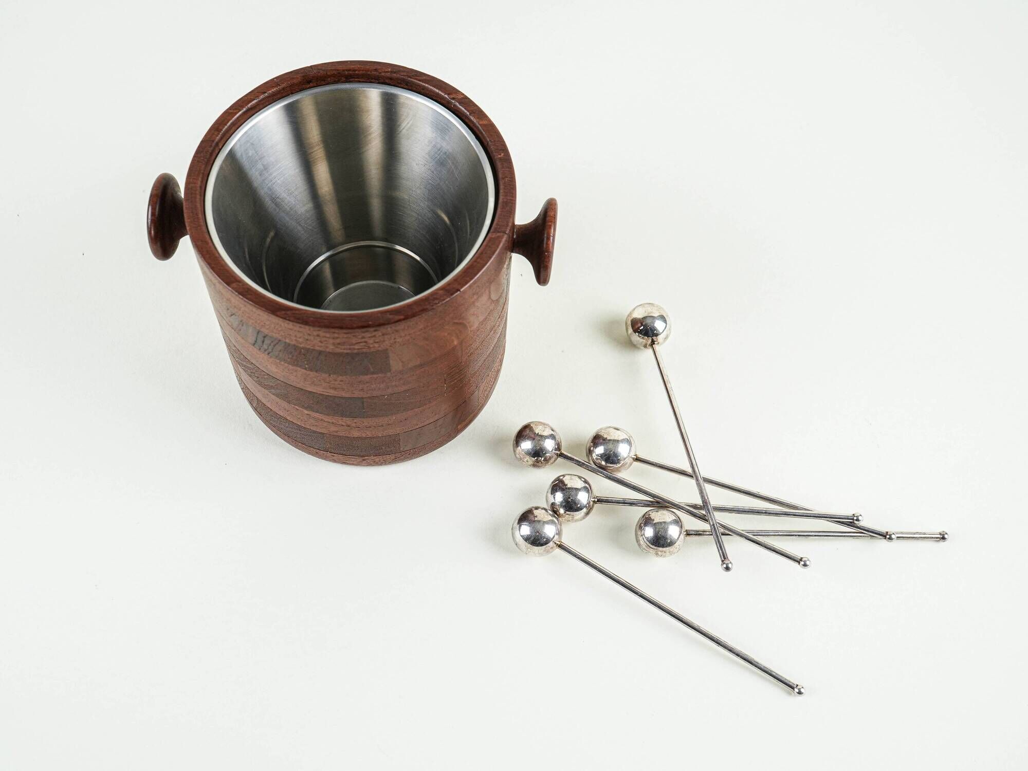 Danish teak and steel ice bucket, 1970s, Scandinavian Modern barware