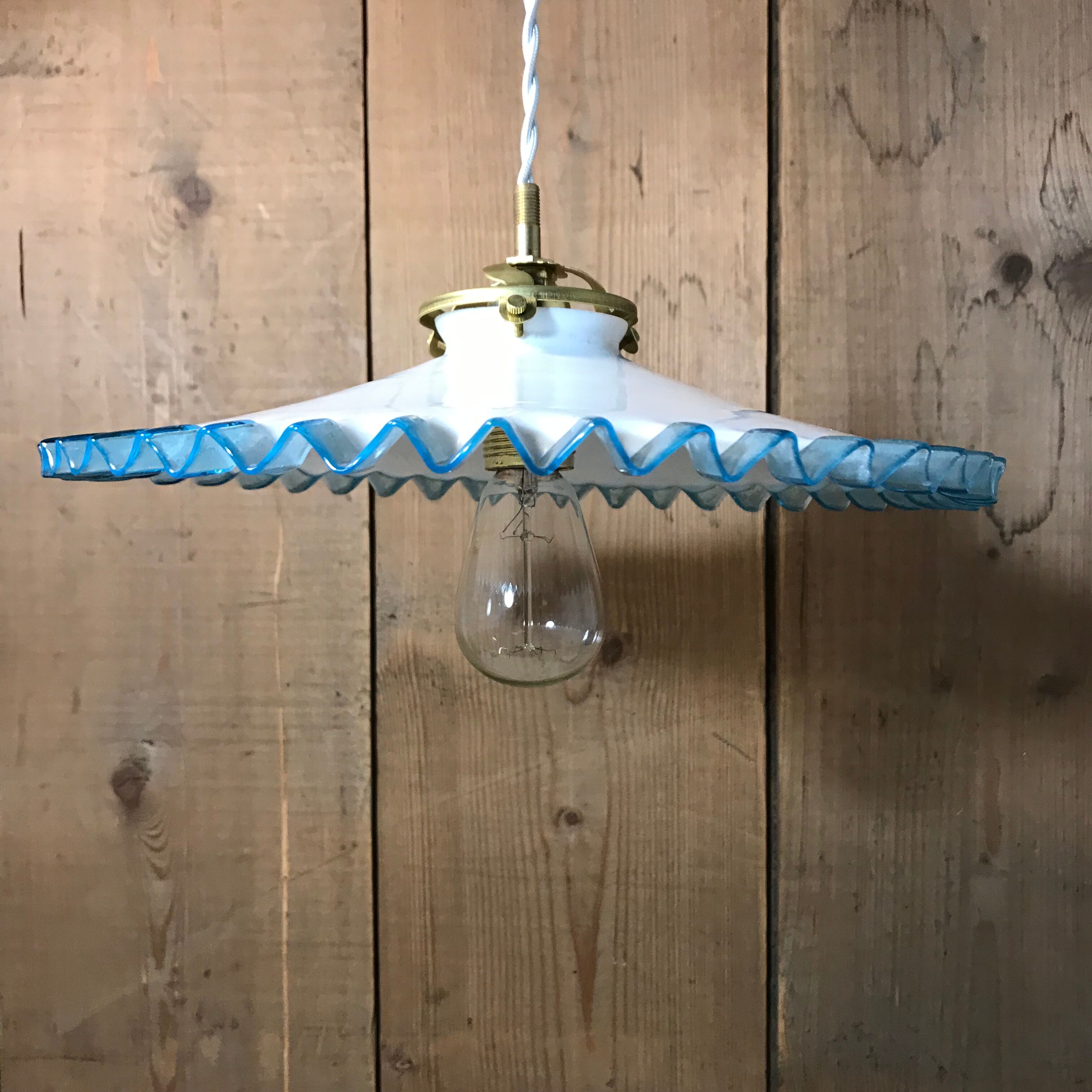 Vintage opaline suspension lamp white hemmed in blue