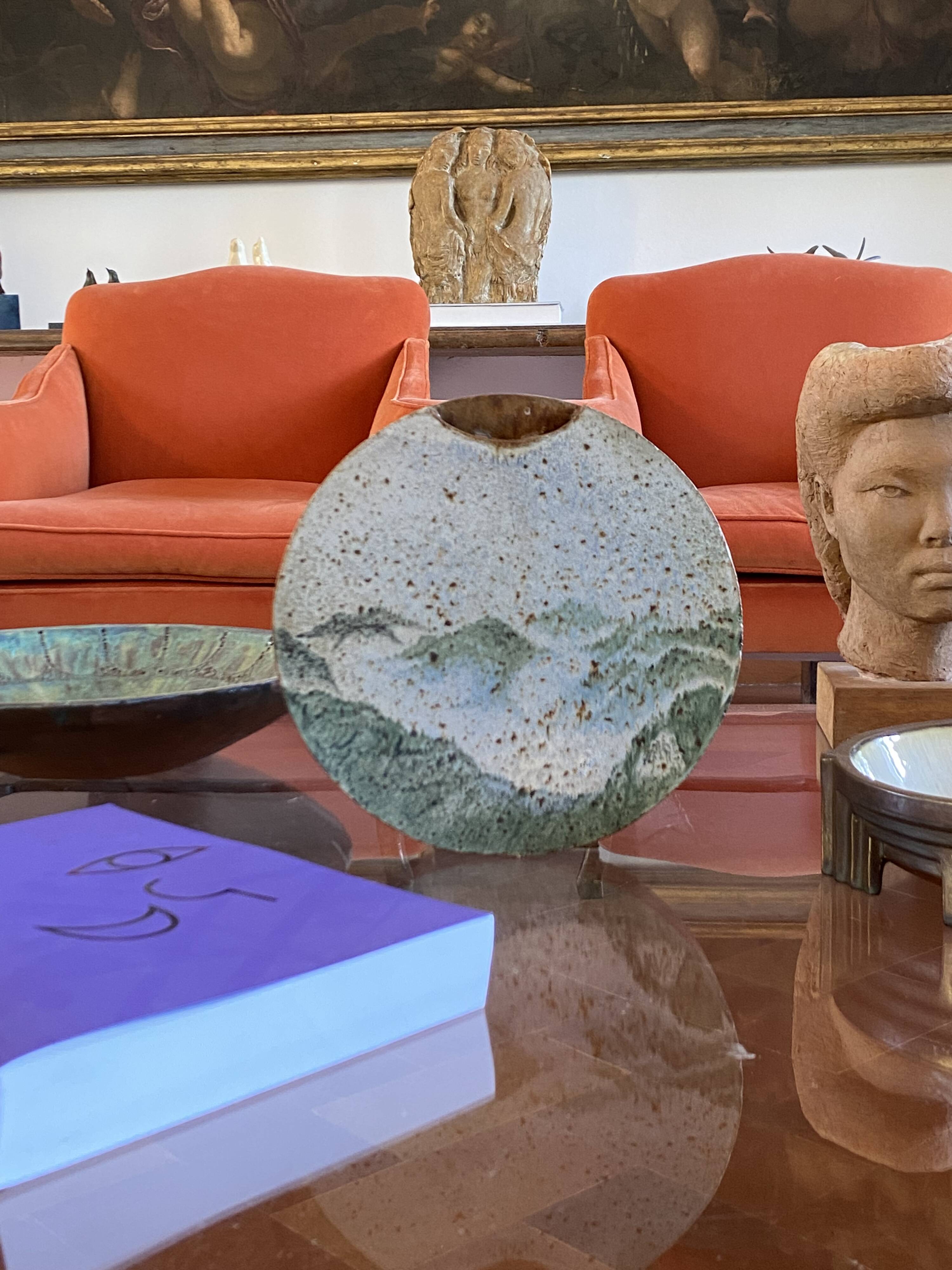 Pierre Devie, Mid-century modern green ceramic solifleur vase, France 1980