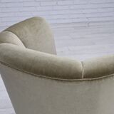 1970s, Danish armchair, original green furniture velour, oak wood.