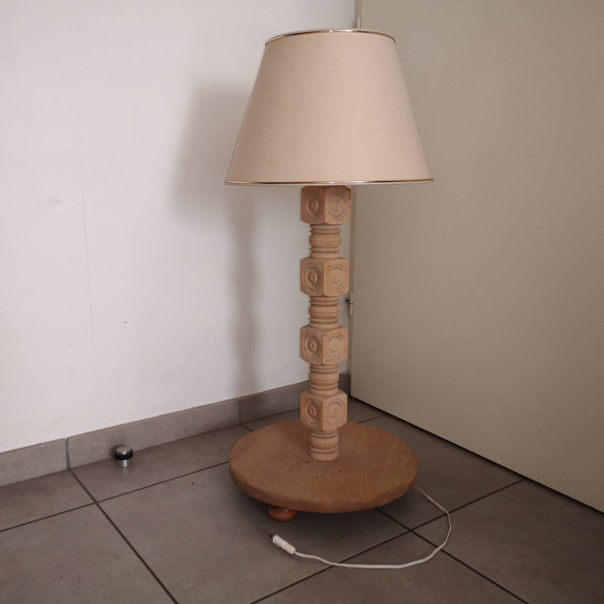 Brutalist living room lamp in raw oak by Charles Dudouyt 1940-1950
