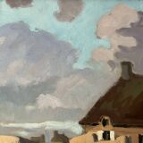 Large oil on panel of a Breton landscape 1950, antique painting signed.