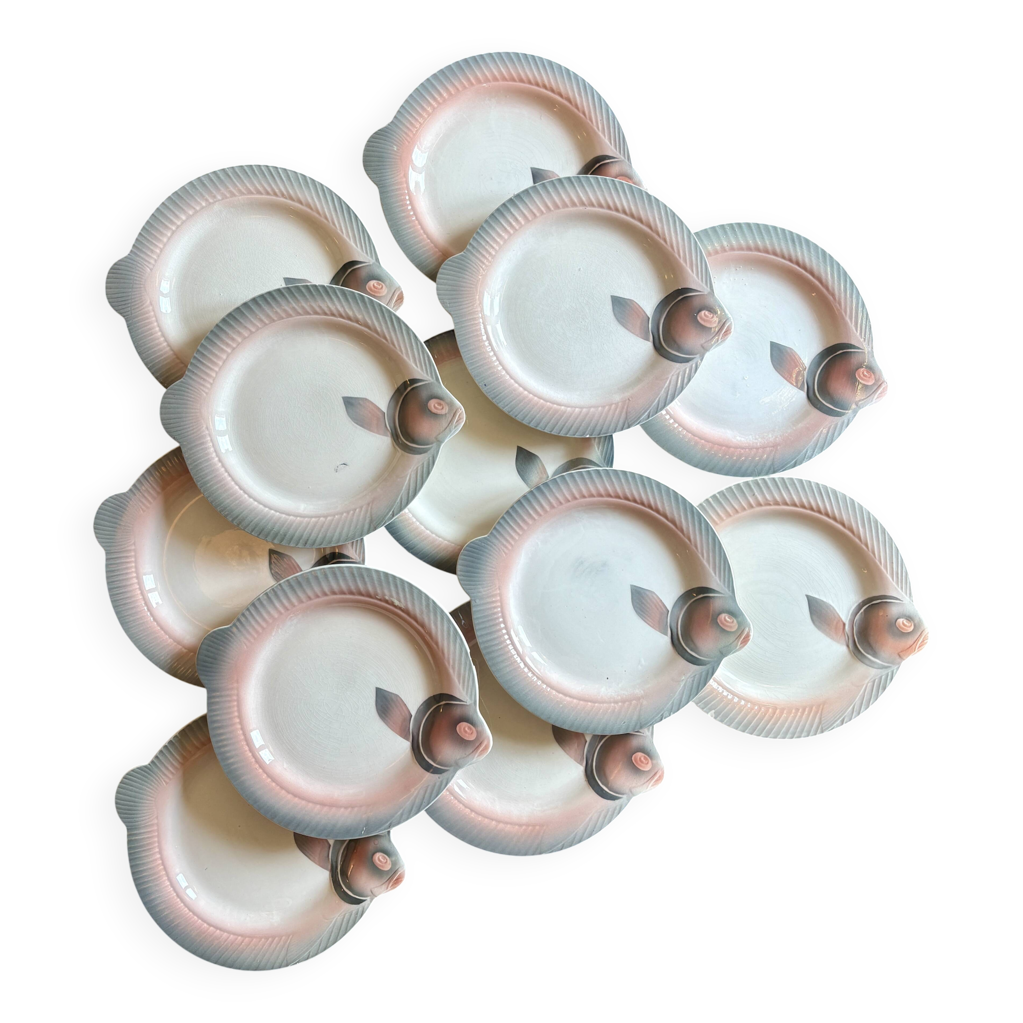 Set of 12 vintage pink and gray fish-shaped plates - Digoin