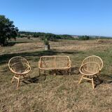Sofa and its two vintage rattan armchairs