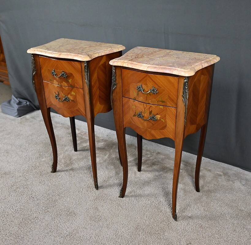 Pair of bedside tables in rosewood marquetry, Louis XV style – 2nd half of the 20th century