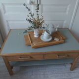 Coffee table made from a desk of the 40s, tray and green shelf