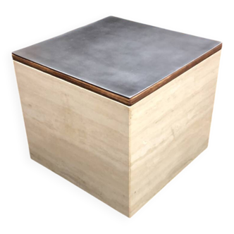 Travertine and brushed aluminum cube 1980