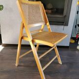 Vintage wooden folding chair with 1970 rattan seat and back