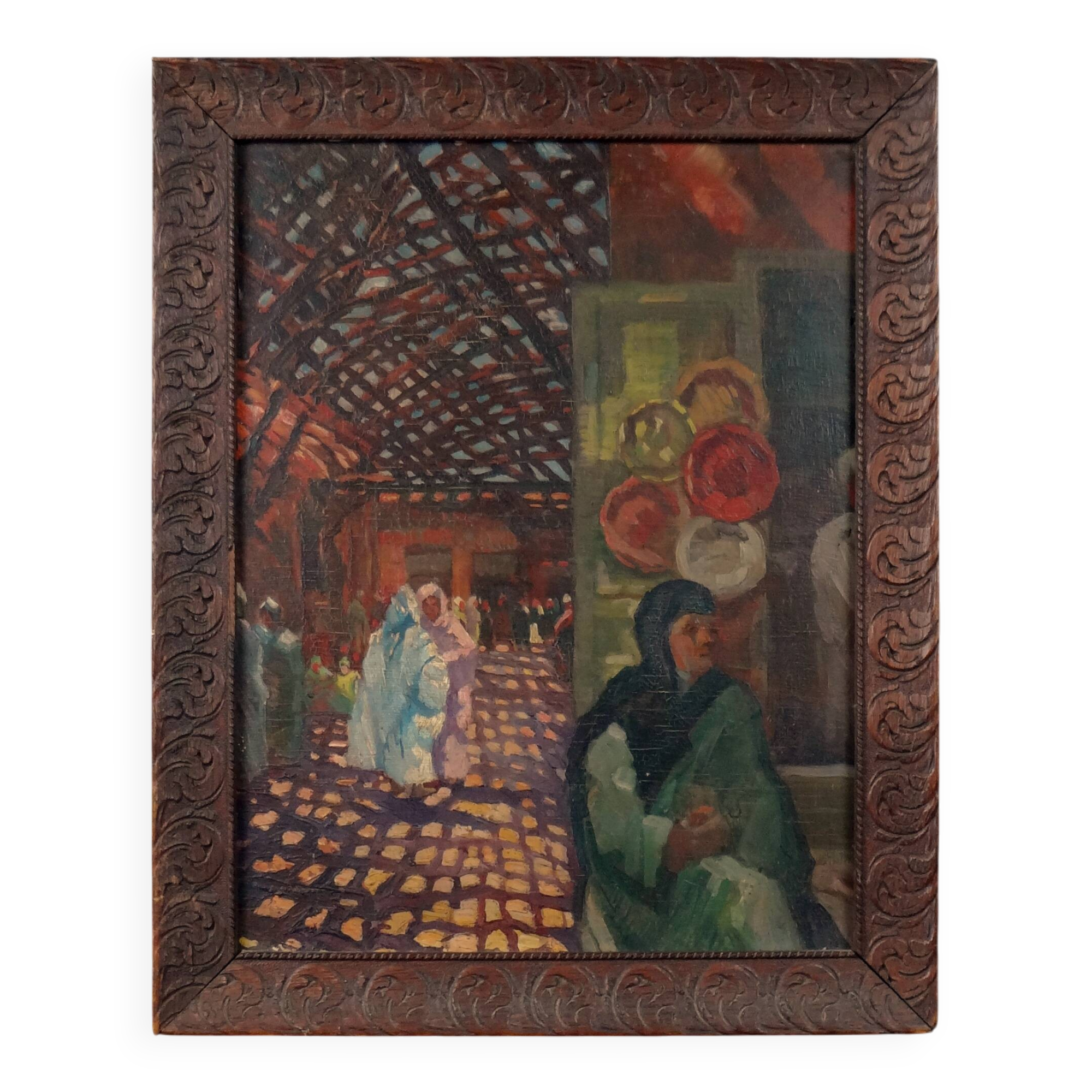 "The Souk," an Orientalist oil painting on panel, signed Émile Feher and dated 1935.