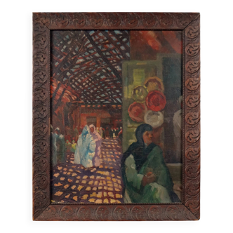 "The Souk," an Orientalist oil painting on panel, signed Émile Feher and dated 1935.