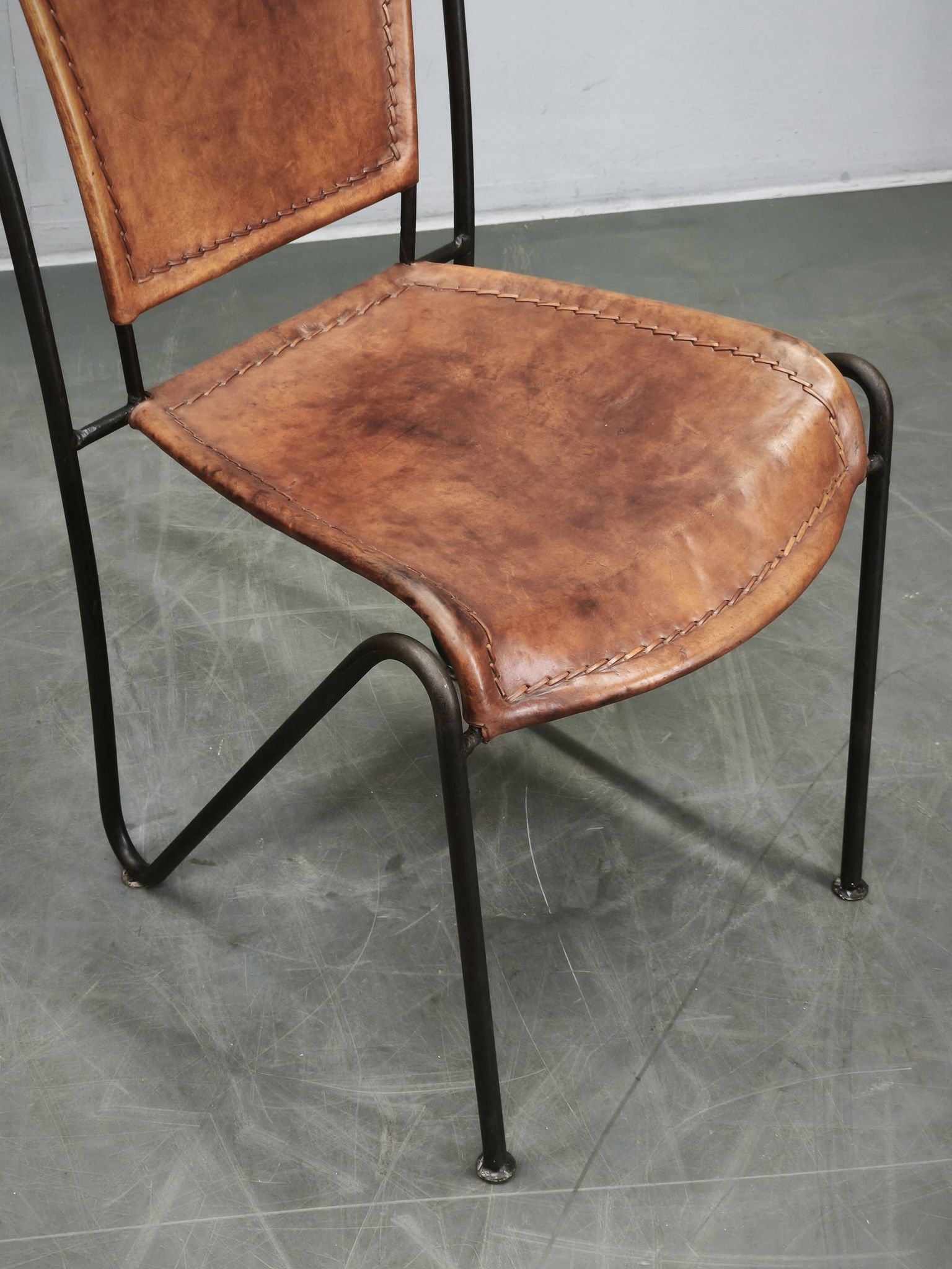 1990s European Brutalist Wrought Iron and Hand-Stitched Cognac Leather Dining Chair