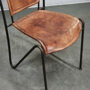 1990s European Brutalist Wrought Iron and Hand-Stitched Cognac Leather Dining Chair