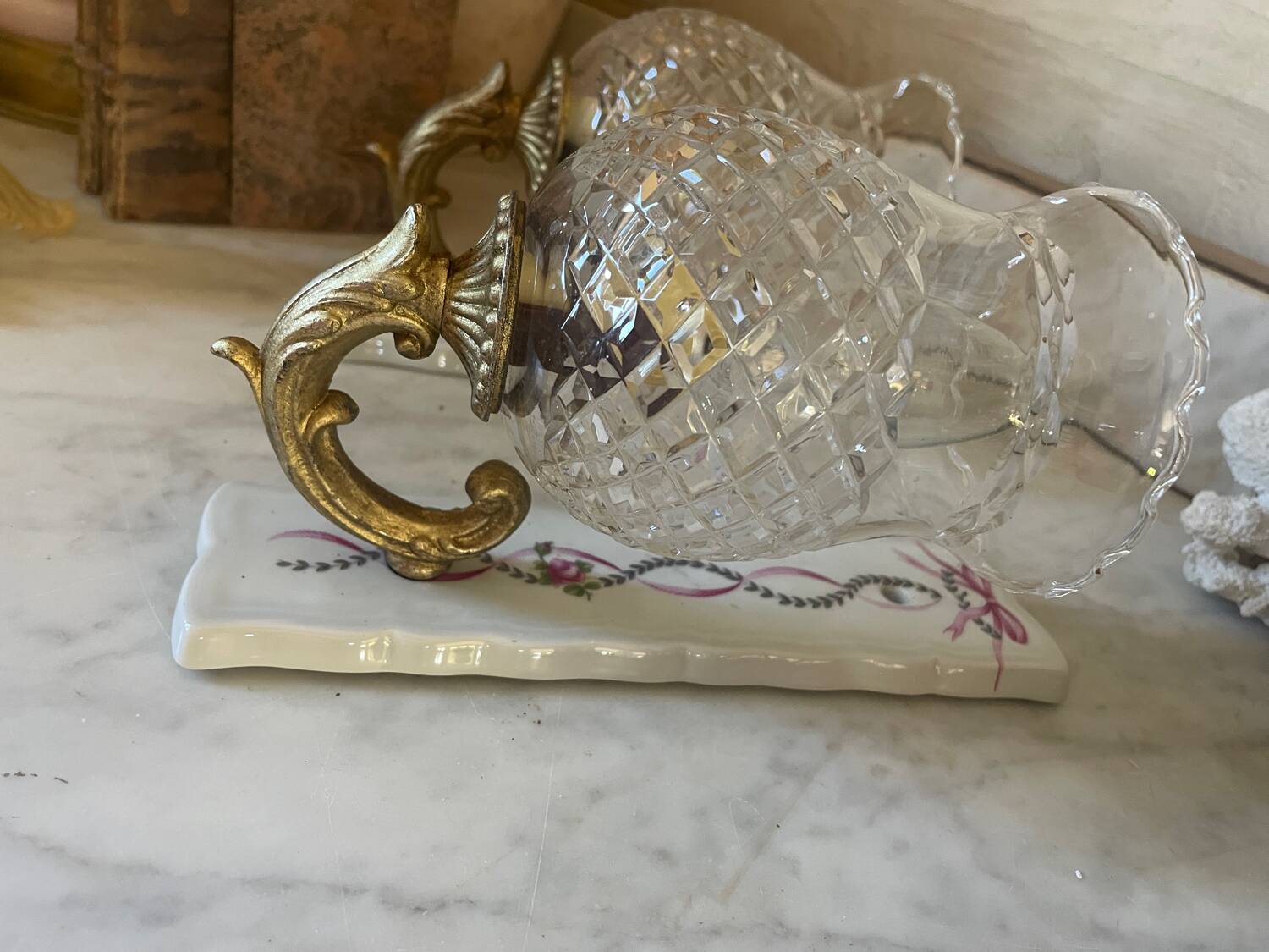 Pair of cut glass and Limoges porcelain wall sconces