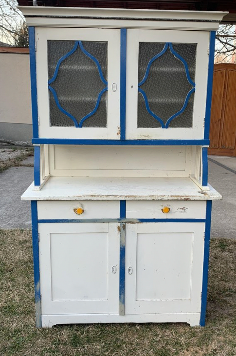 Vintage Glass & Painted Wood Kitchen Cupboard, 1930s