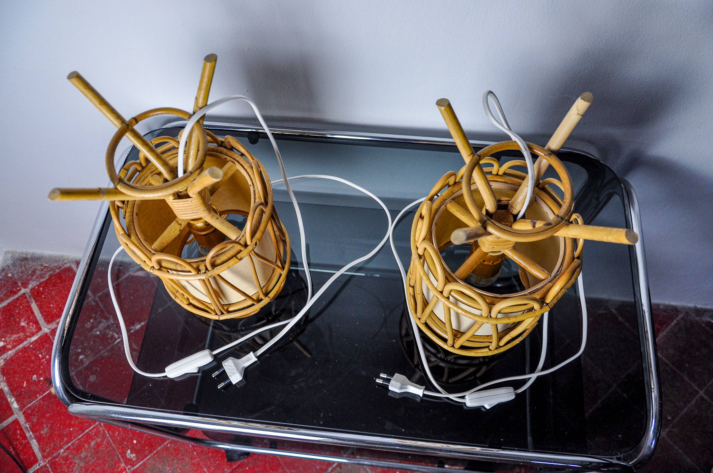 Pair of rattan table lamps, Italy, 1960