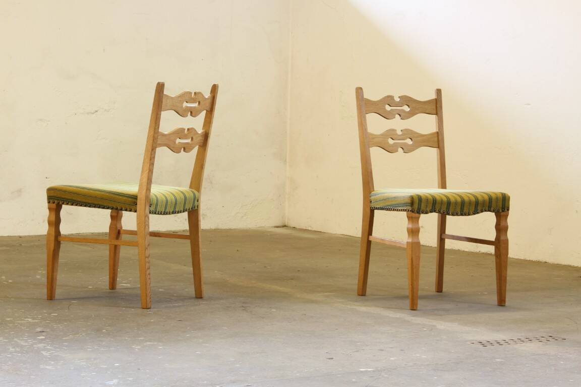 Vintage 1960s brutalist Danish modern oak dining chairs in the style of Henning Kjærnulf