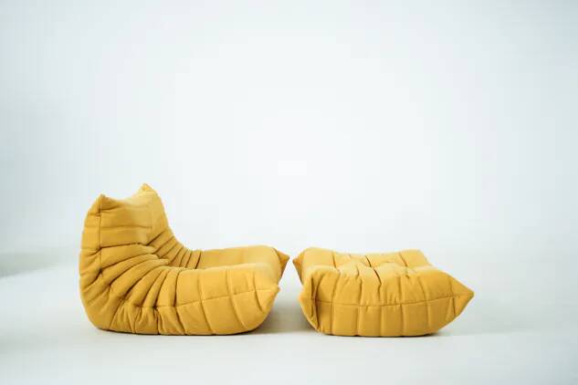 Togo Chair and Pouf Set in Yellow Tweed